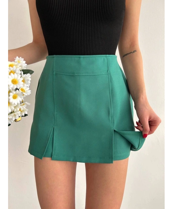 Çift yırtmaçlı atlas şort etek yeşil s240364