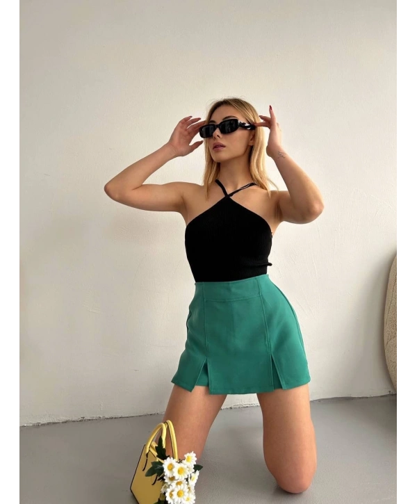Çift yırtmaçlı atlas şort etek yeşil s240364