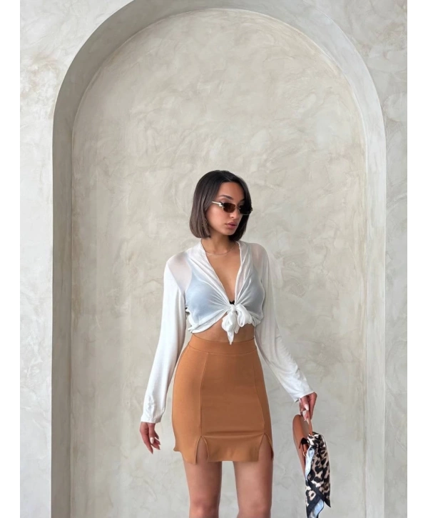 Çift yırtmaçlı etek camel s25910