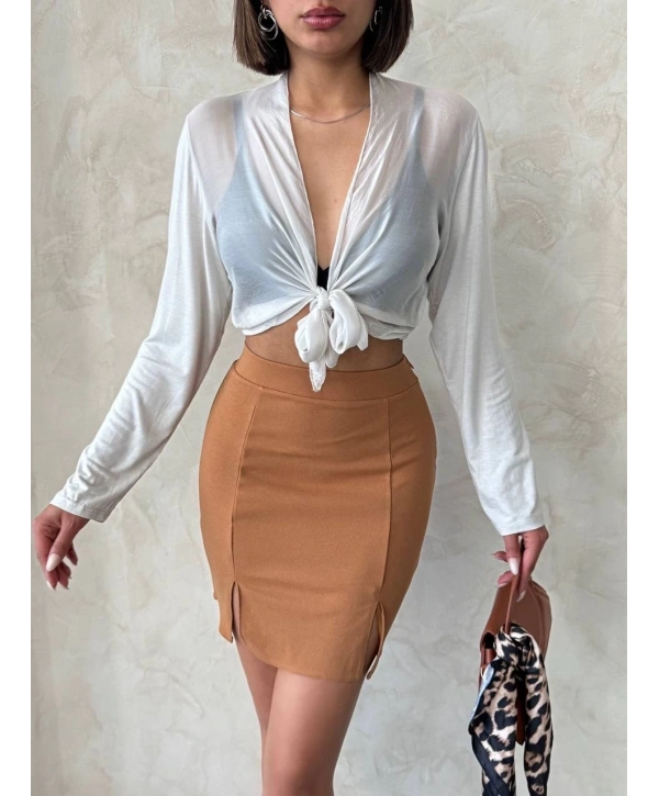 Çift yırtmaçlı etek camel s25910