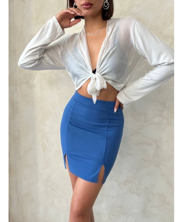 Çift yırtmaçlı etek indigo s25910