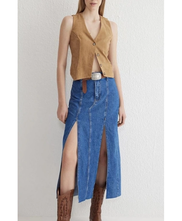 Çift yırtmaçlı jean etek s140