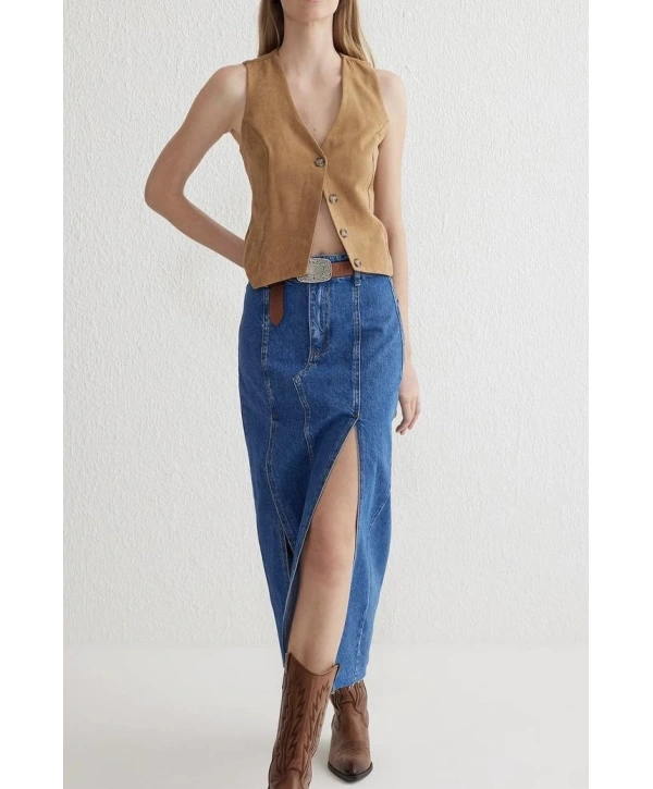 Çift yırtmaçlı jean etek s140