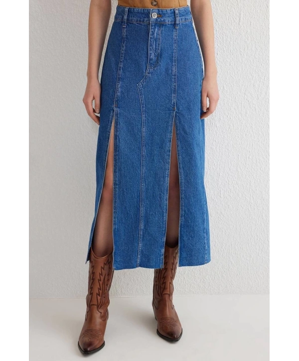 Çift yırtmaçlı jean etek s140