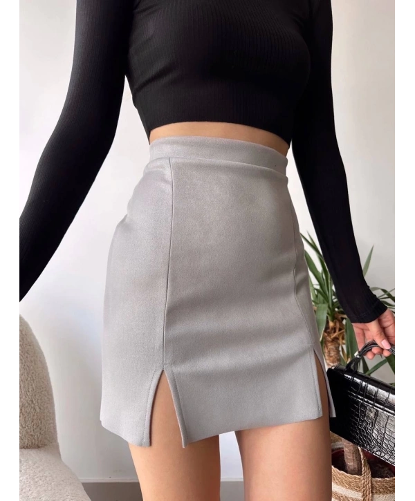 Çift yurtmaçlı süet etek gri s241002