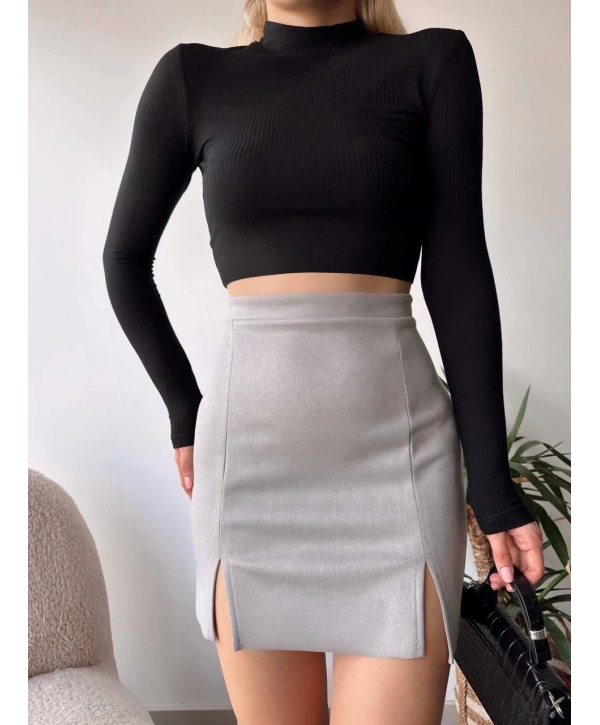 Çift yurtmaçlı süet etek gri s241002