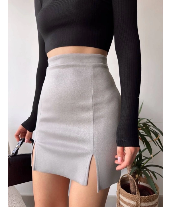 Çift yurtmaçlı süet etek gri s241002