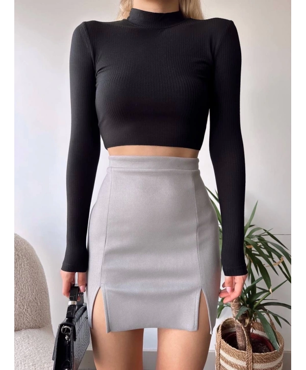 Çift yurtmaçlı süet etek gri s241002