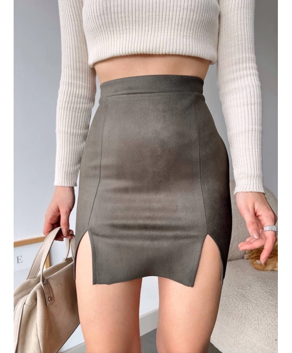 Çift yurtmaçlı süet etek haki s241002