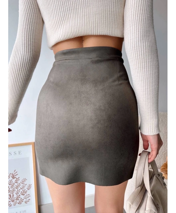 Çift yurtmaçlı süet etek haki s241002