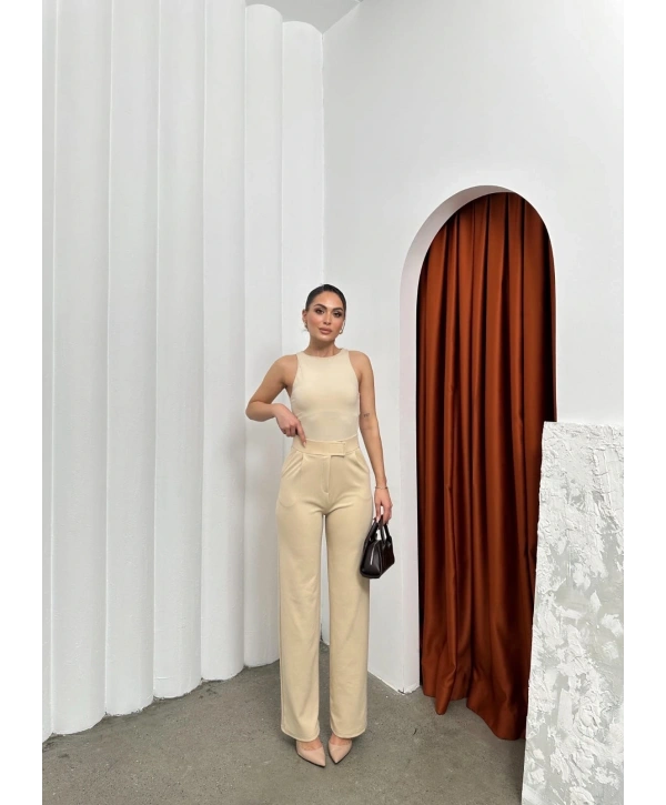 Cırtlı pantolon krep bej pt