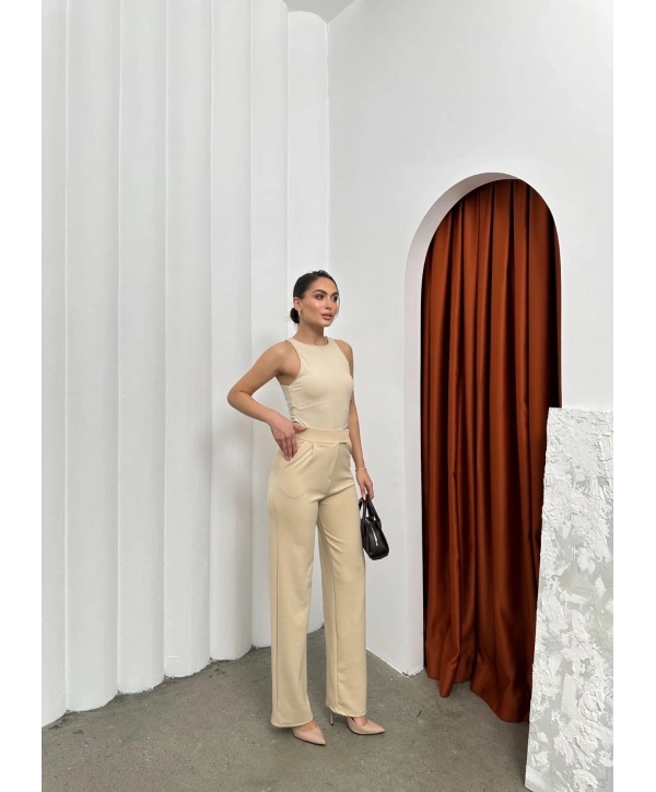 Cırtlı pantolon krep bej pt