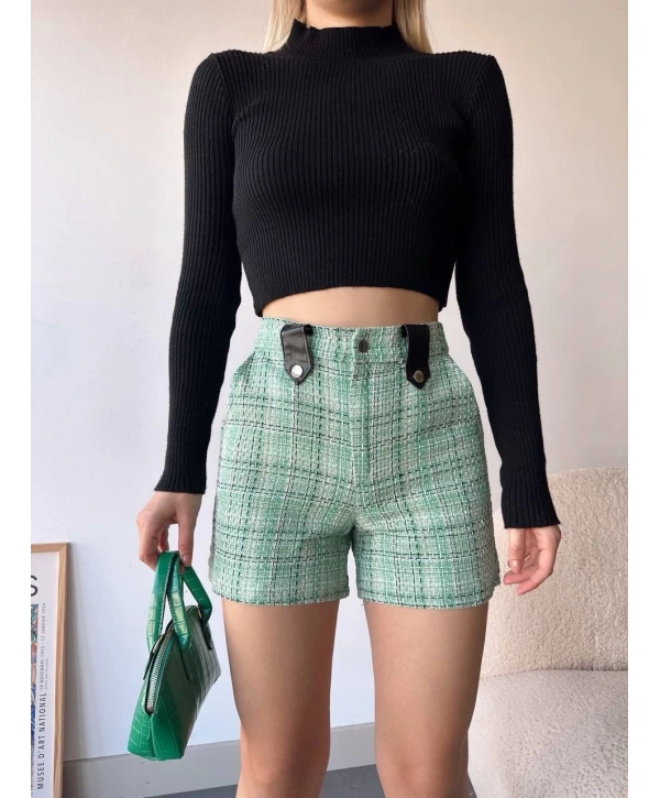 Çıtçıtlı siyah köprü tüvit şort yeşil