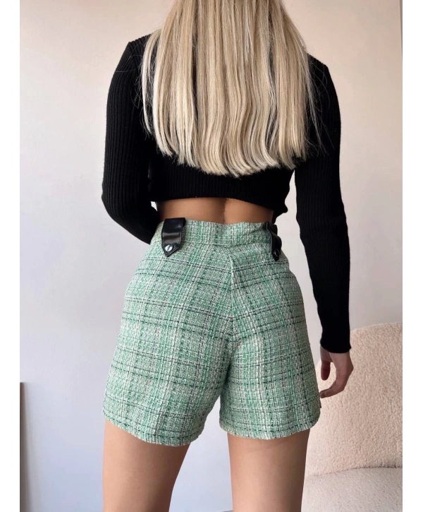 Çıtçıtlı siyah köprü tüvit şort yeşil