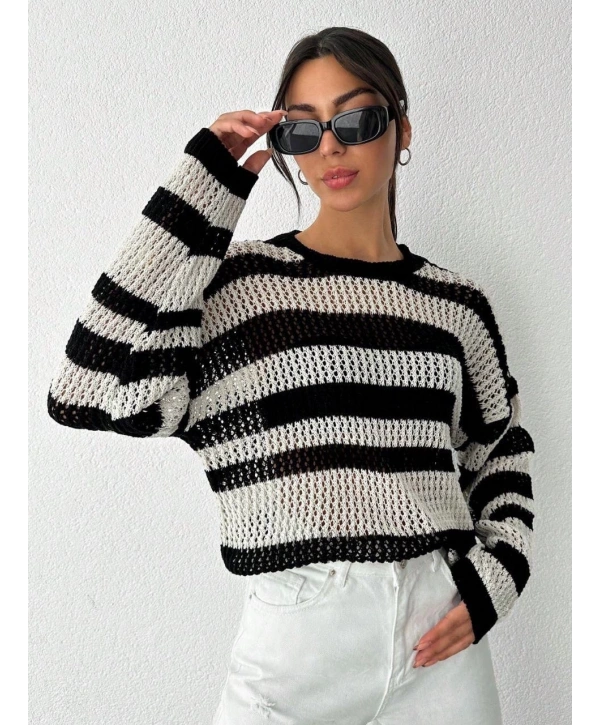 Çizgili bisiklet yaka triko kazak beyazsiyah