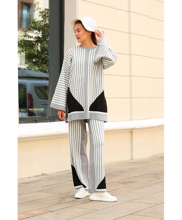 Çizgili bisiklet yaka triko takım Gri