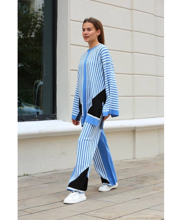 Çizgili bisiklet yaka triko takım Mavi