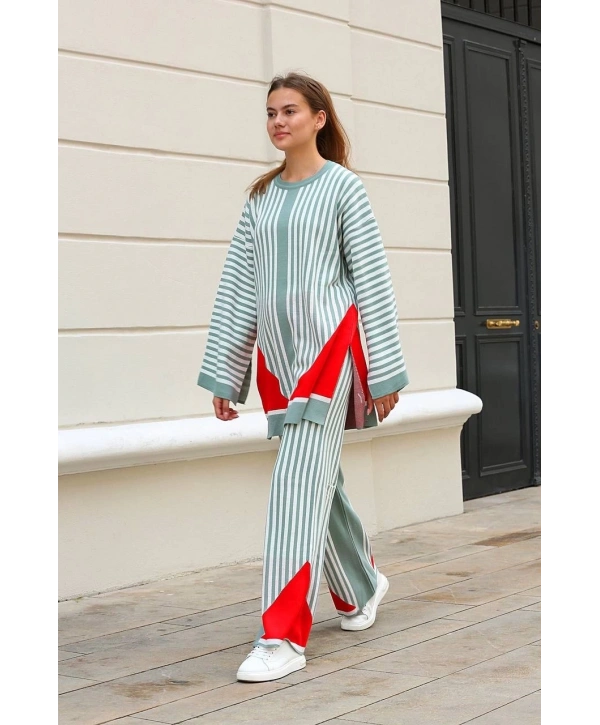 Çizgili bisiklet yaka triko takım Mint