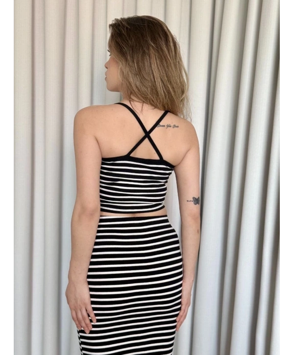 Çizgili etek crop takım