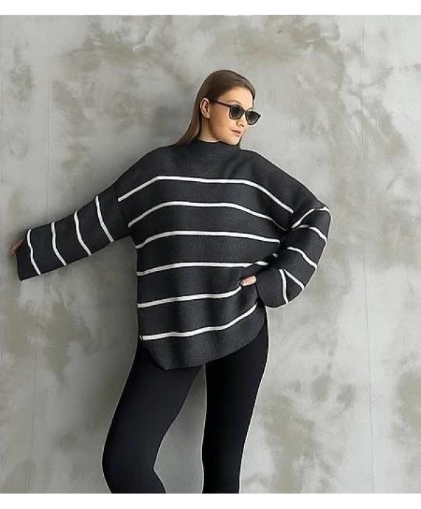 Çizgili ispanyol kol triko boğazlı kazak antrasit elf