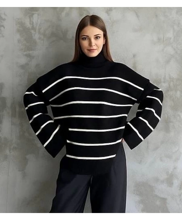 Çizgili ispanyol kol triko boğazlı kazak siyah elf