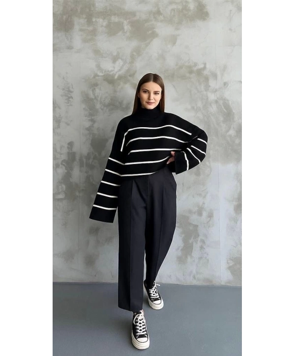 Çizgili ispanyol kol triko boğazlı kazak siyah elf