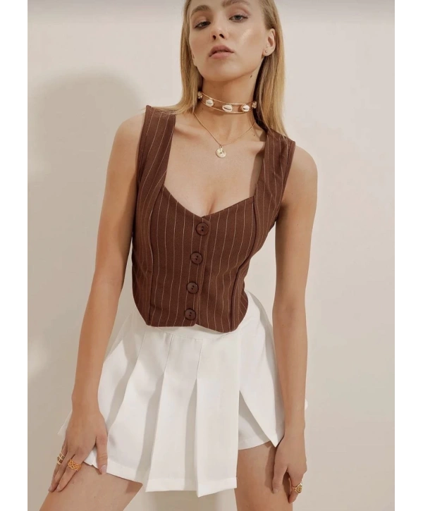 Çizgili krep düğmeli yelek kahve s3395