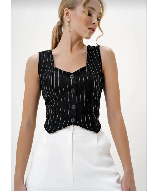 Çizgili krep düğmeli yelek siyah s3395