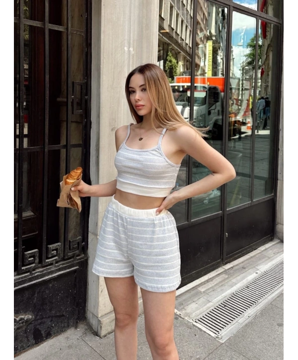 Çizgili şortlu takım gri s3978