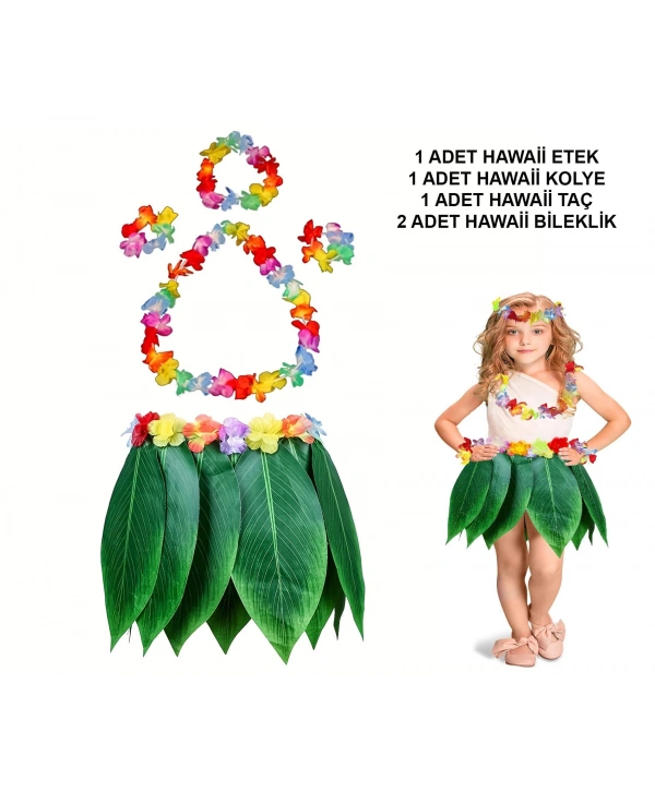 Çocuk Hawaii Kostüm Seti - Yaprak Etek  Hawaii Set - 5 Parça