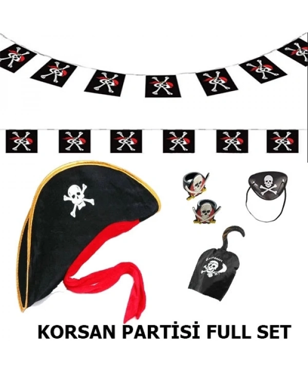 Çocuk Korsan Şapkası + Kancası + Göz Bandı + 2 Adet Yüzük + Afiş Seti