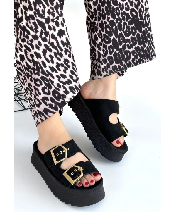 Coer Siyah Süet Çift Tokalı Terlik