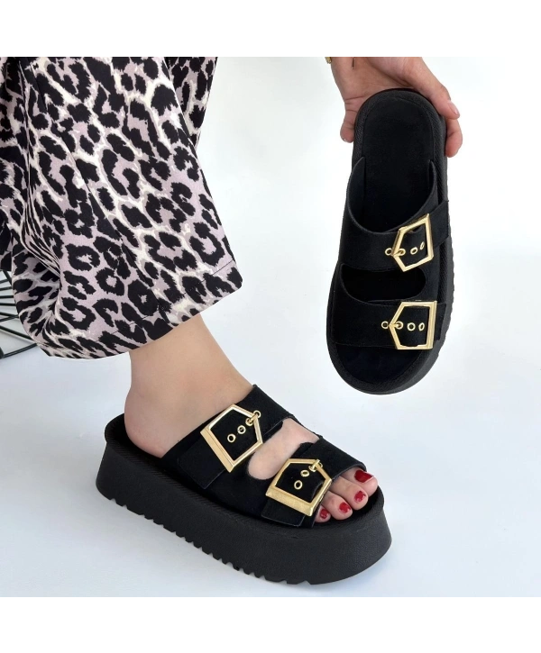 Coer Siyah Süet Çift Tokalı Terlik