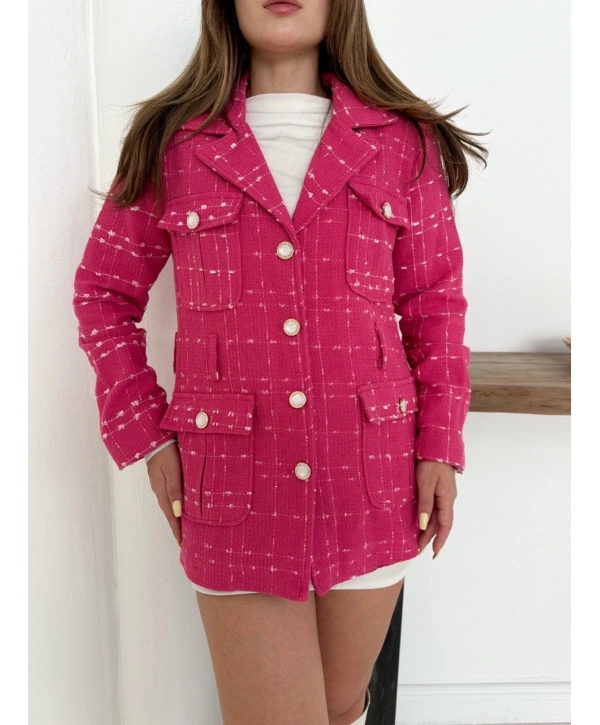 Çok düğmeli kemerli yüksek kaliteli astarlı ceket fuşya os255859