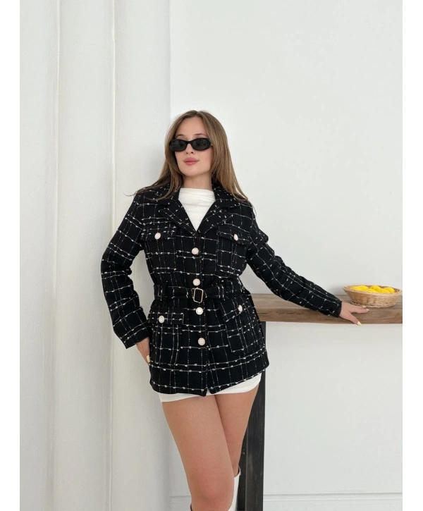 Çok düğmeli kemerli yüksek kaliteli astarlı ceket siyah os255859