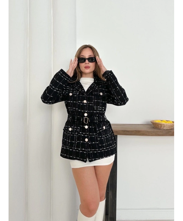 Çok düğmeli kemerli yüksek kaliteli astarlı ceket siyah os255859