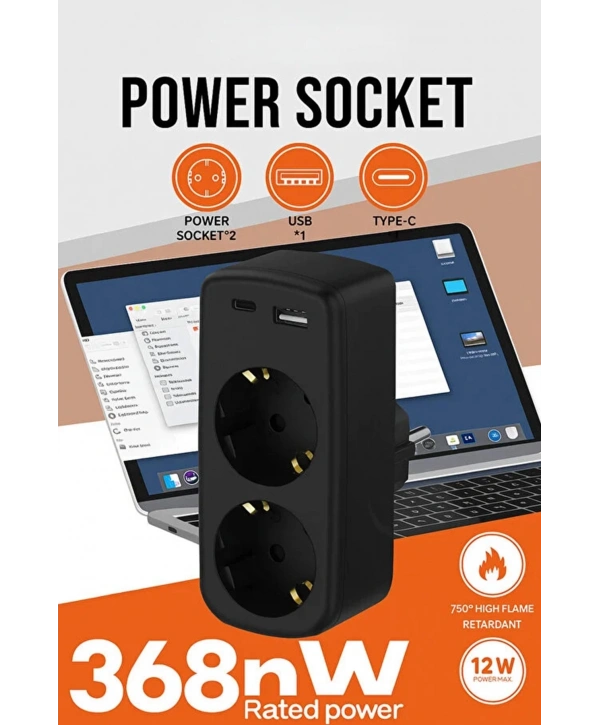 Çoklu Priz Yüksek Gerilim Korumalı 2’li Priz 1xusb 1xtype-c Çıkışlı Grup Priz Çoğaltıcı