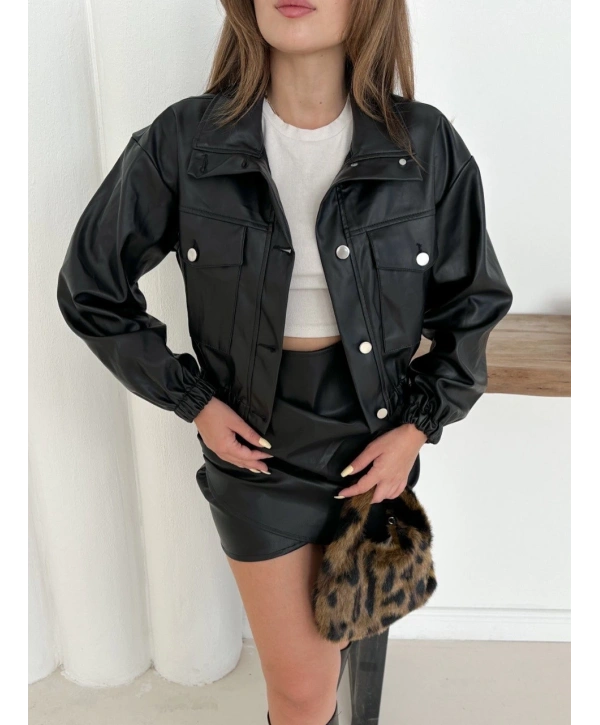 Crop bomber deri ceket siyah st2551985