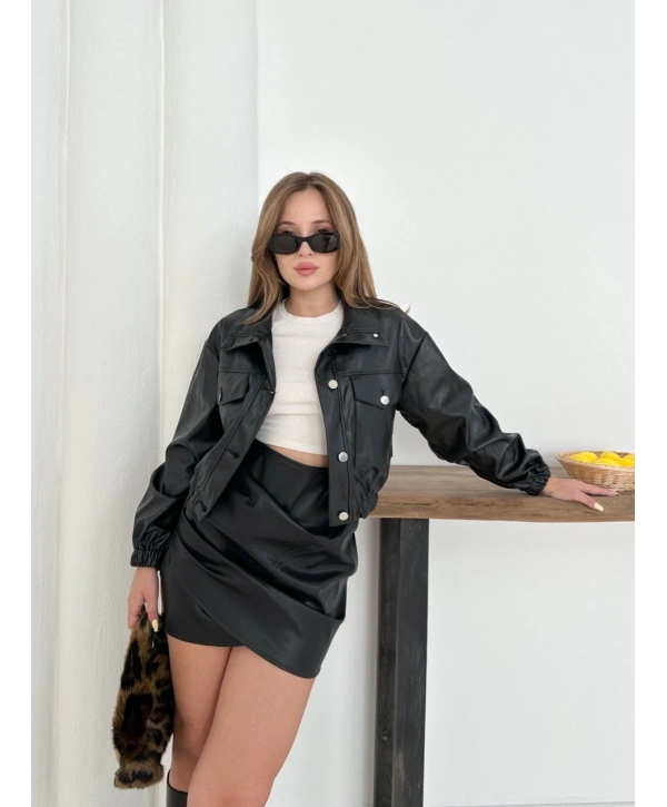 Crop bomber deri ceket siyah st2551985