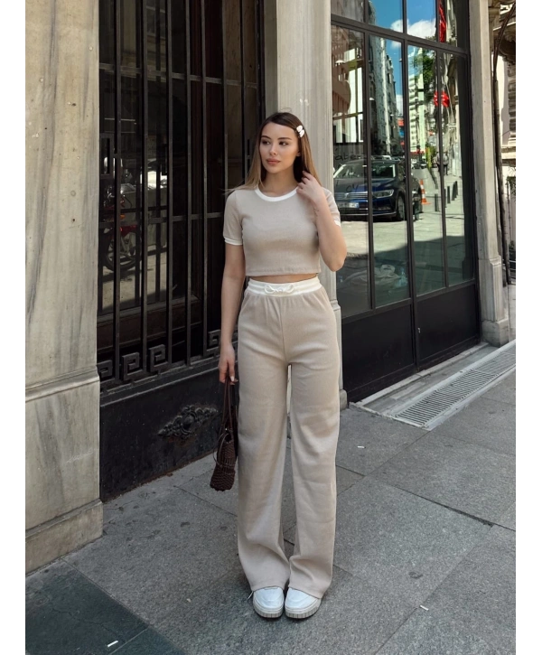 Crop pantolon biyeli takım bej