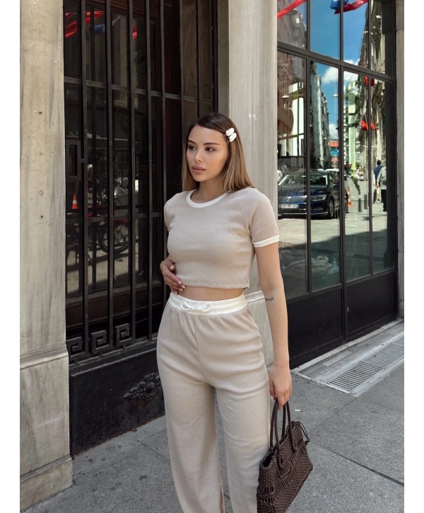 Crop pantolon biyeli takım bej