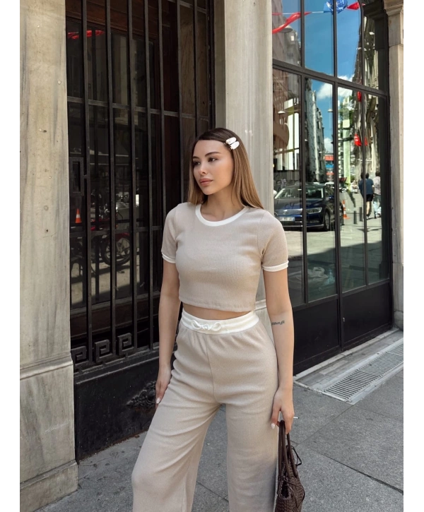 Crop pantolon biyeli takım bej