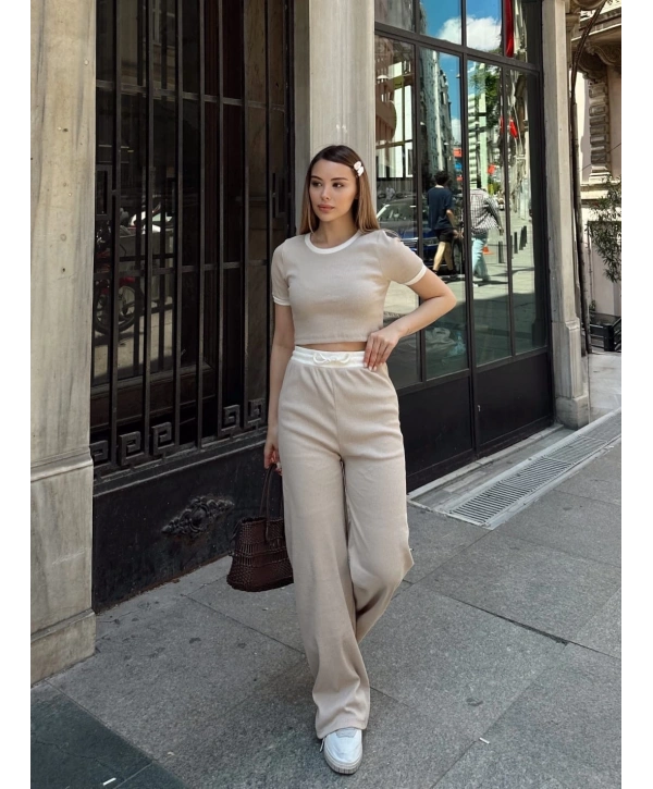 Crop pantolon biyeli takım bej
