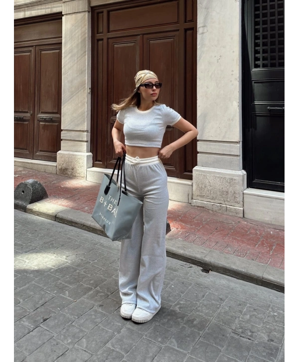 Crop pantolon biyeli takım gri