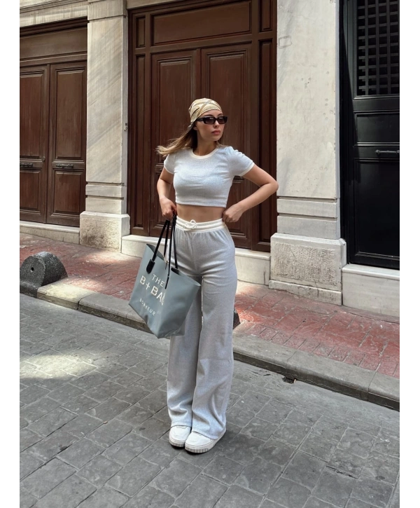 Crop pantolon biyeli takım gri