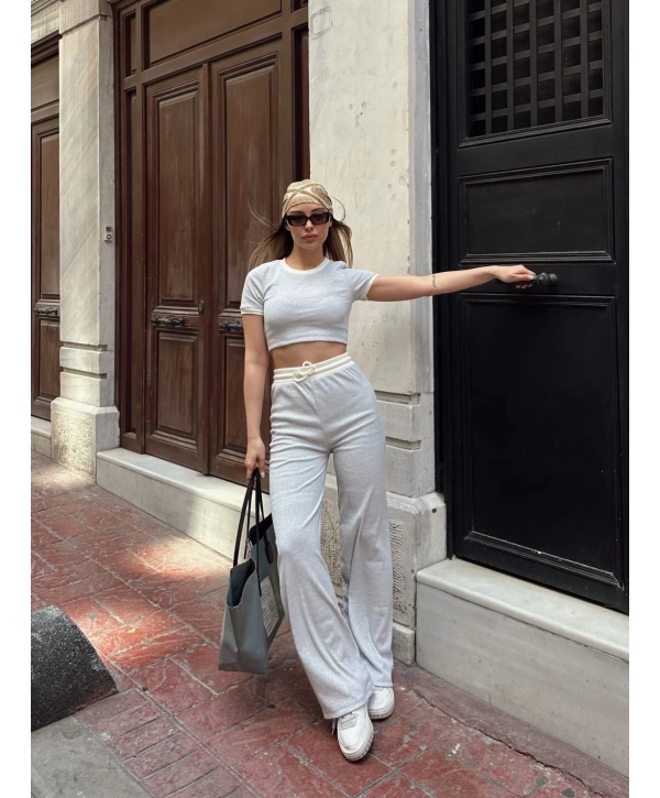 Crop pantolon biyeli takım gri