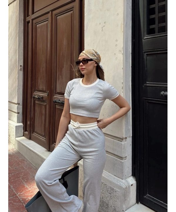 Crop pantolon biyeli takım gri