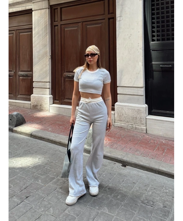 Crop pantolon biyeli takım gri