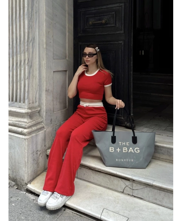 Crop pantolon biyeli takım kırmızı