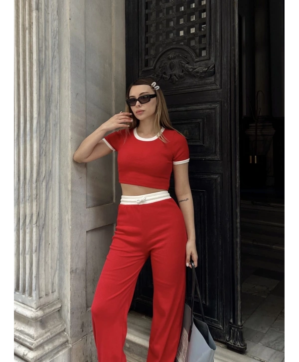 Crop pantolon biyeli takım kırmızı